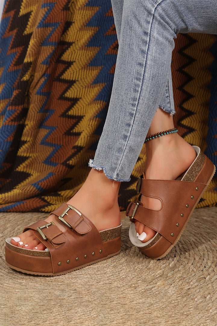 Chestnut Dual Buckle Studded Platform Sandal Slippers