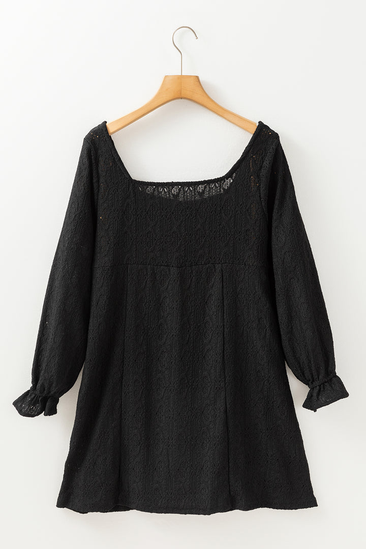 Black Lace Crochet Buttoned Square Neck Shift Mini Dress