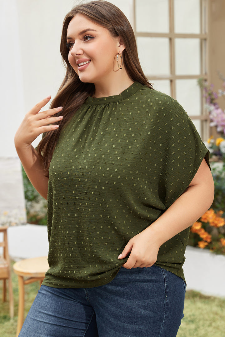 Moss Green Plus Size Swiss Dot Mock Neck Tied Nape Top