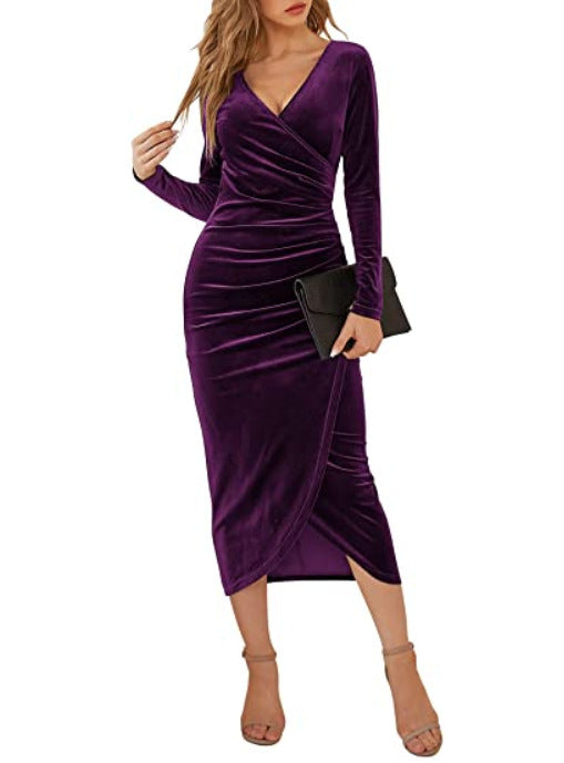 Long Skirt V-neck Wrap Hip Irregular Medium Length Dress