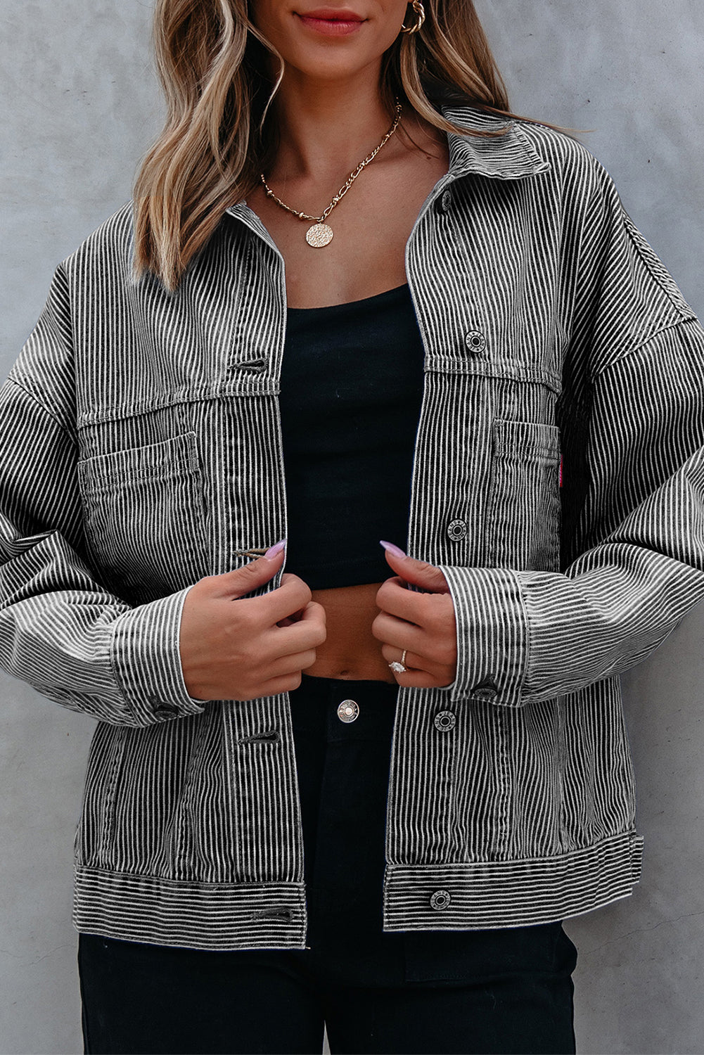 Blue Stripe Washed Oversize Pocketed Denim Jacket