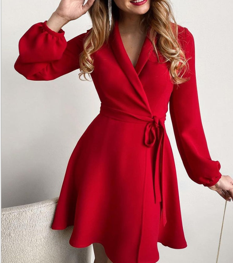 Fashion Sky Blue Long-sleeved Lapel Waist Tie Dress