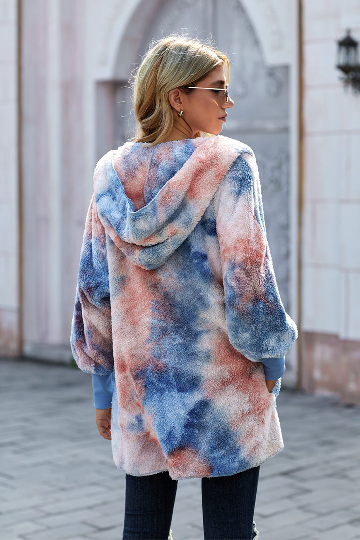 Tie Dye Soft Fleece Hooded Open Front Coat