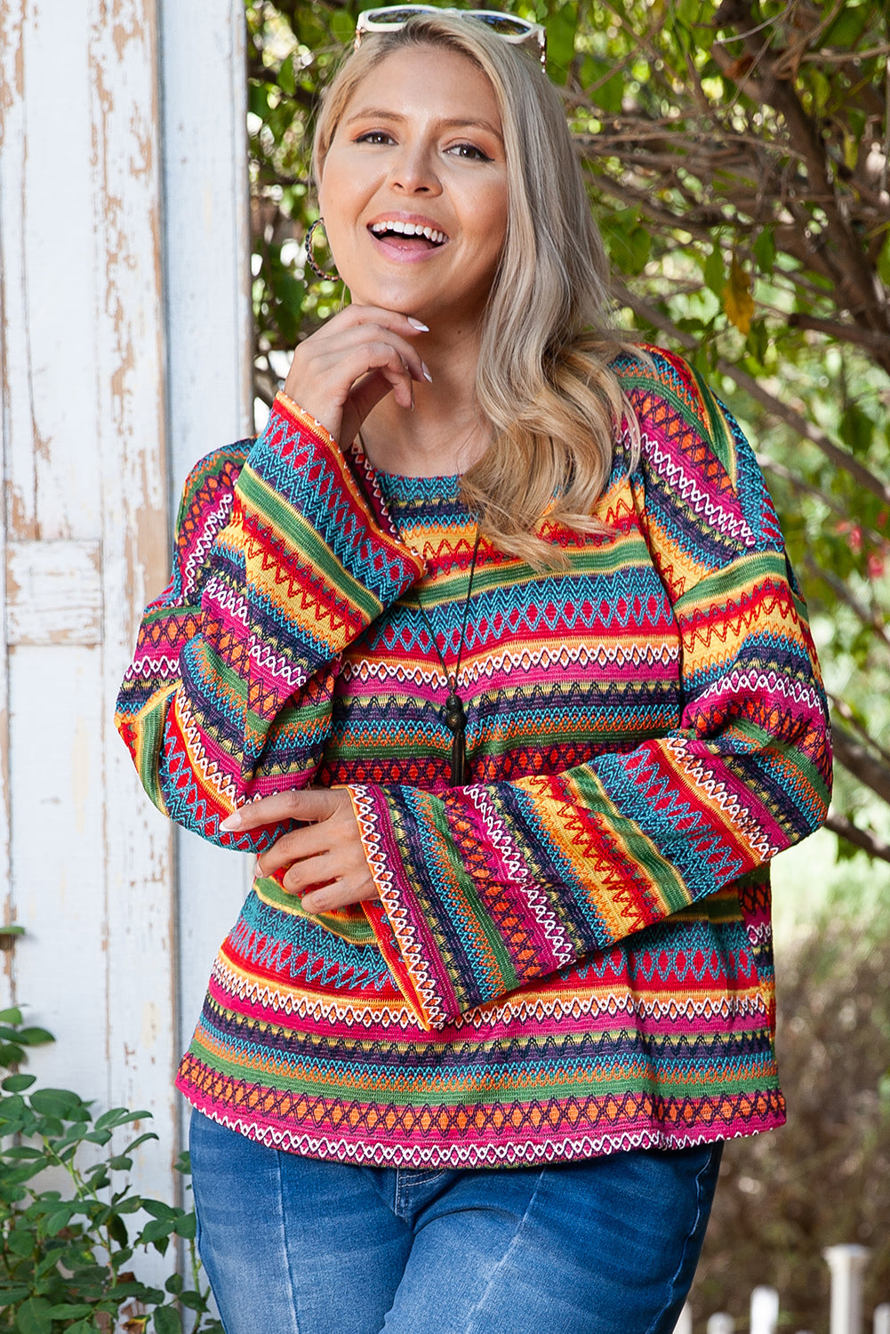 Red Ethnic Striped Print Long Sleeve Plus Size Top