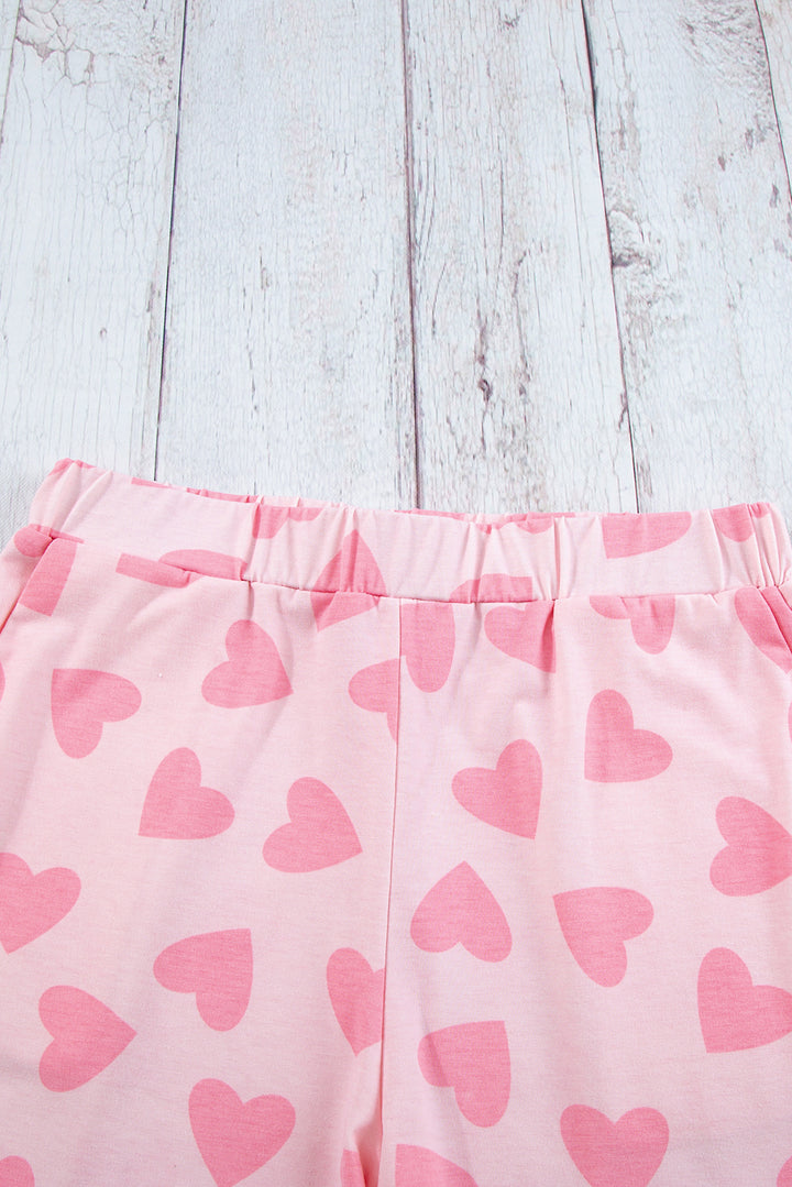 Pink Valentine Heart Shape Print Long Sleeve Top Shorts Lounge Set