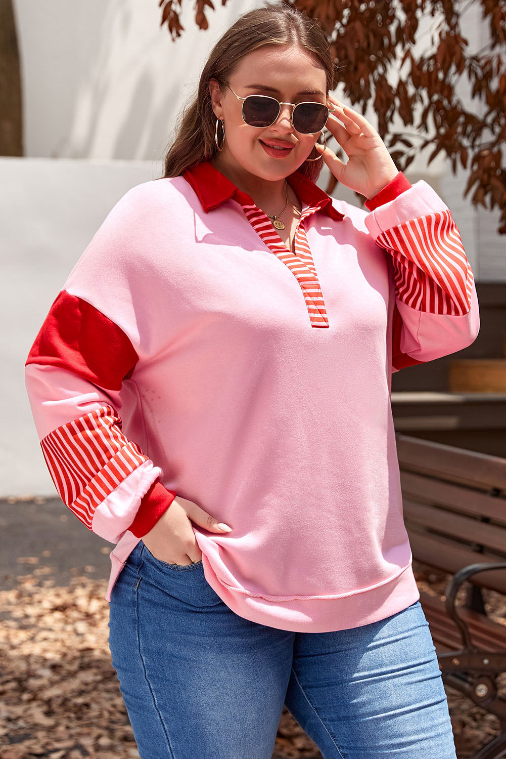 Rose Striped Patchwork Side Split Collared Plus Size Sweatshirt