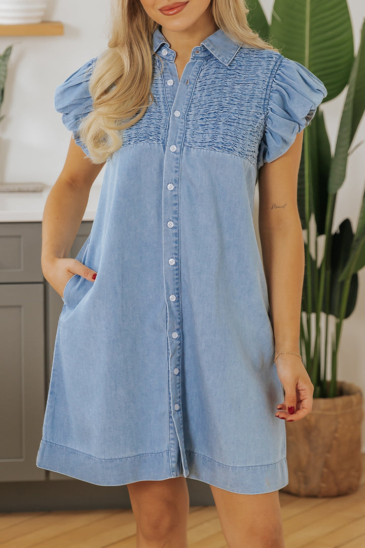 Beau Blue Flutter Sleeve Shirred Detail Button Up Denim Mini Dress