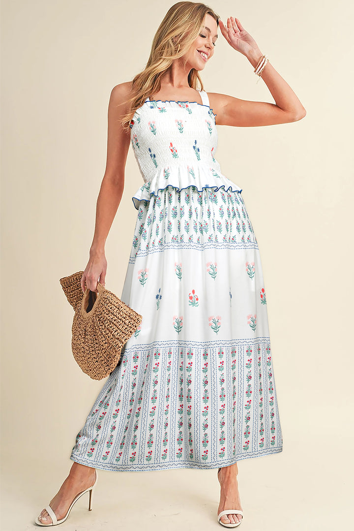 White Floral Print Smocked Ruffled Sleeveless Maxi Dress