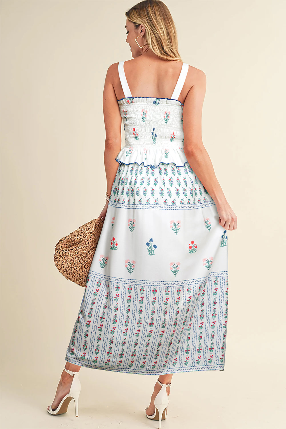 White Floral Print Smocked Ruffled Sleeveless Maxi Dress