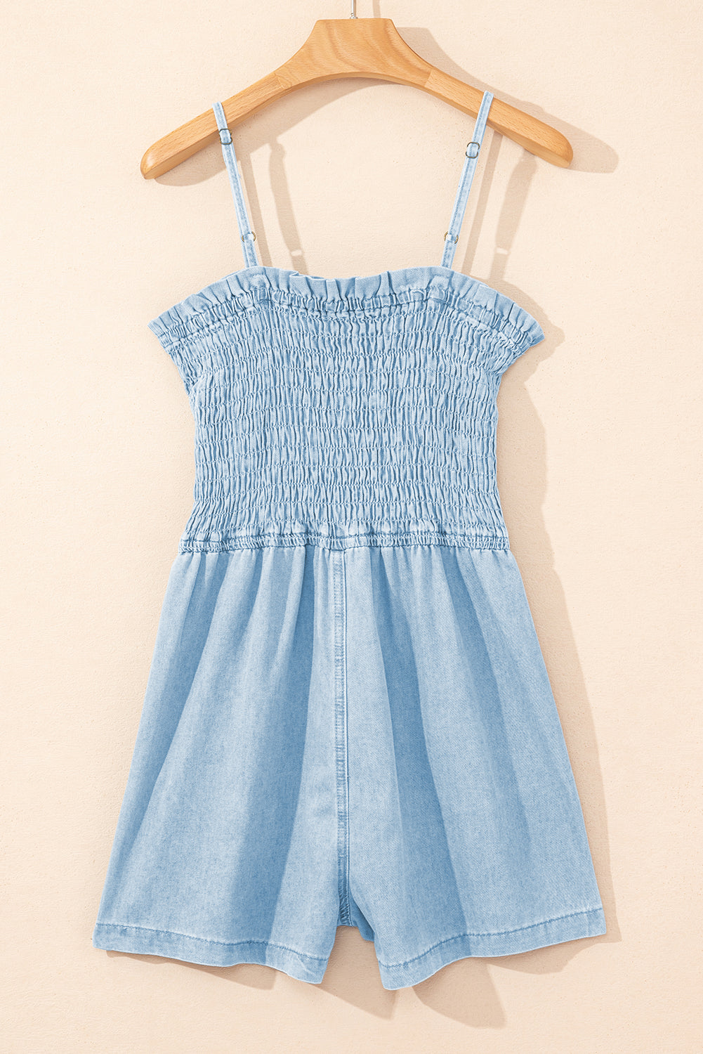 Beau Blue Spaghetti Strap Smocked Denim Romper