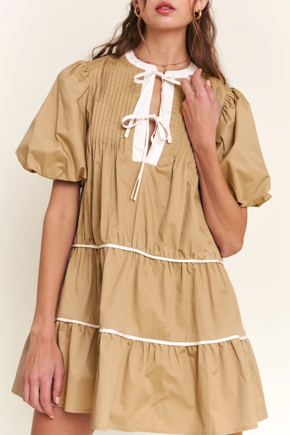 Pale Khaki Contrast Trim Pintuck Puff Sleeve Tied Neck Short Dress