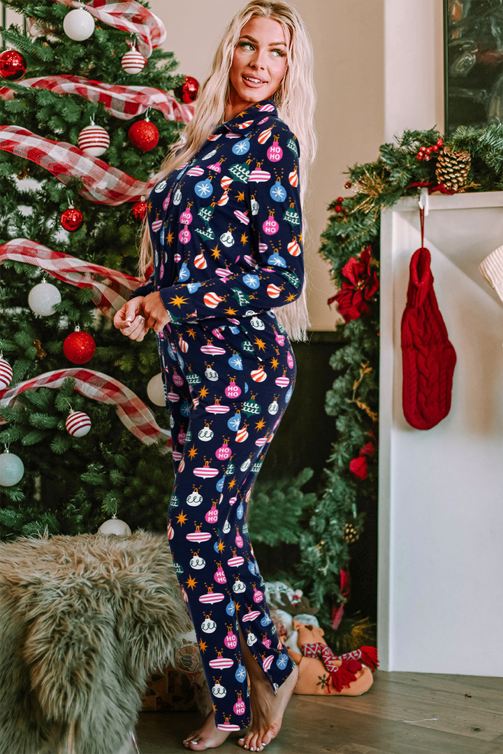 Navy Blue Colorful Christmas Lights Print Shirt and Pants Pajama Set