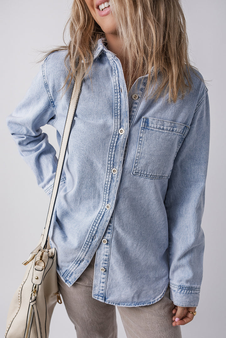 Beau Blue Long Sleeve Buttoned Chest Pocket Denim Shacket