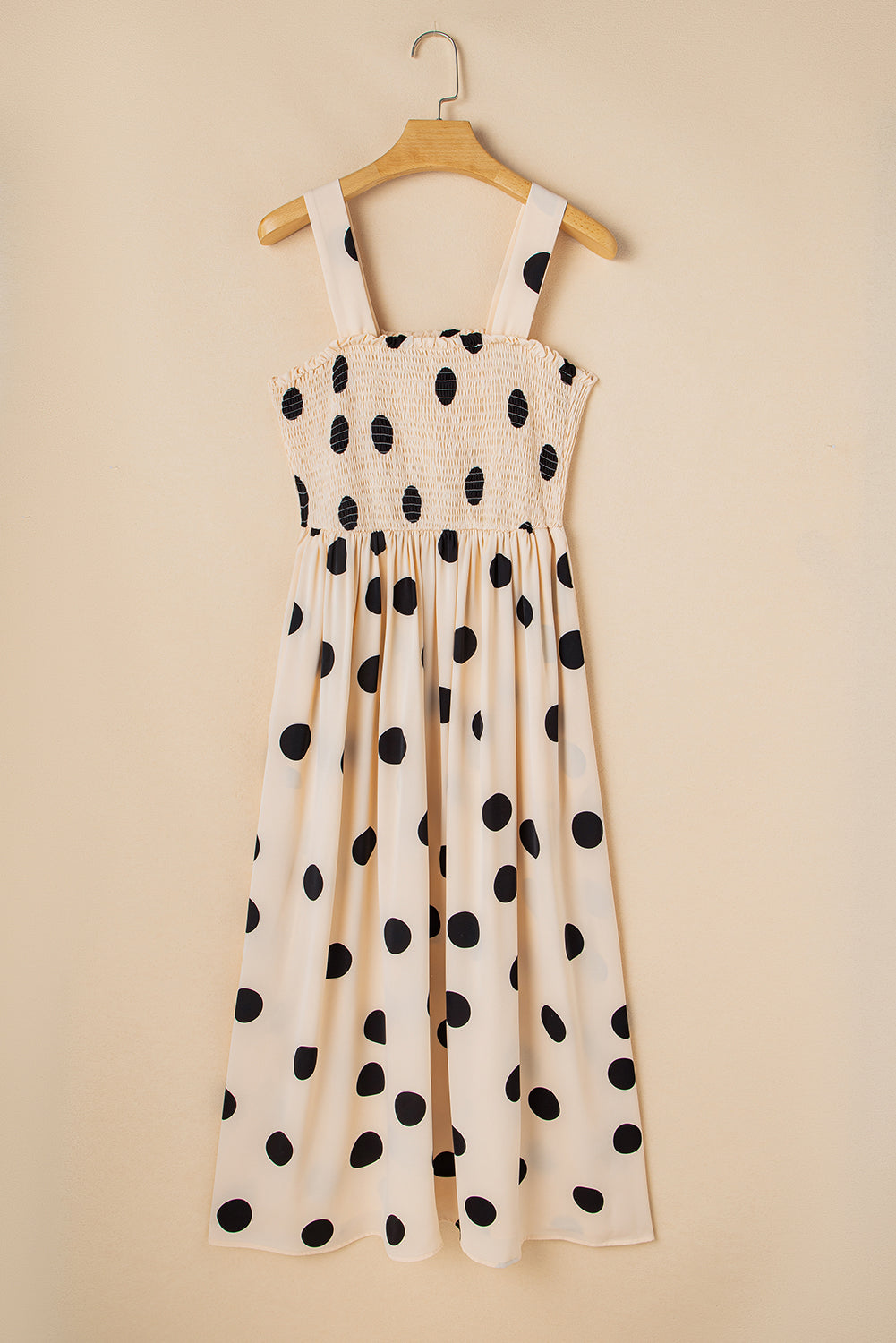 Oatmeal Polka Dot Smocked Fit Flared Sleeveless Long Dress