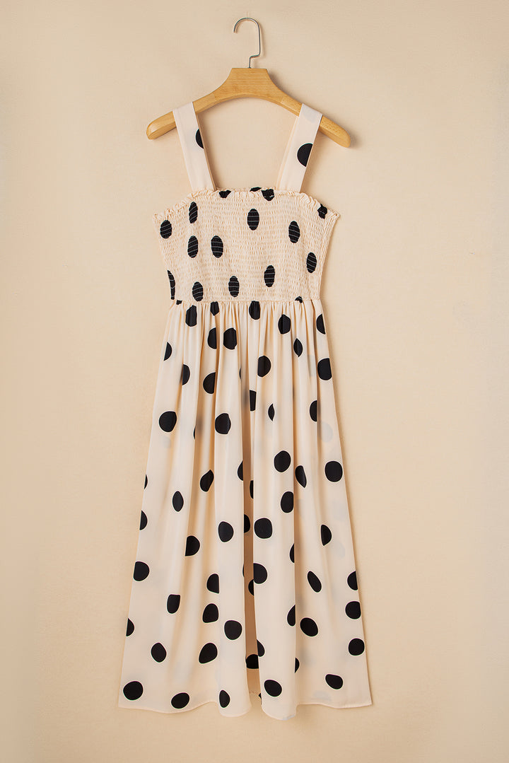 Oatmeal Polka Dot Smocked Fit Flared Sleeveless Long Dress