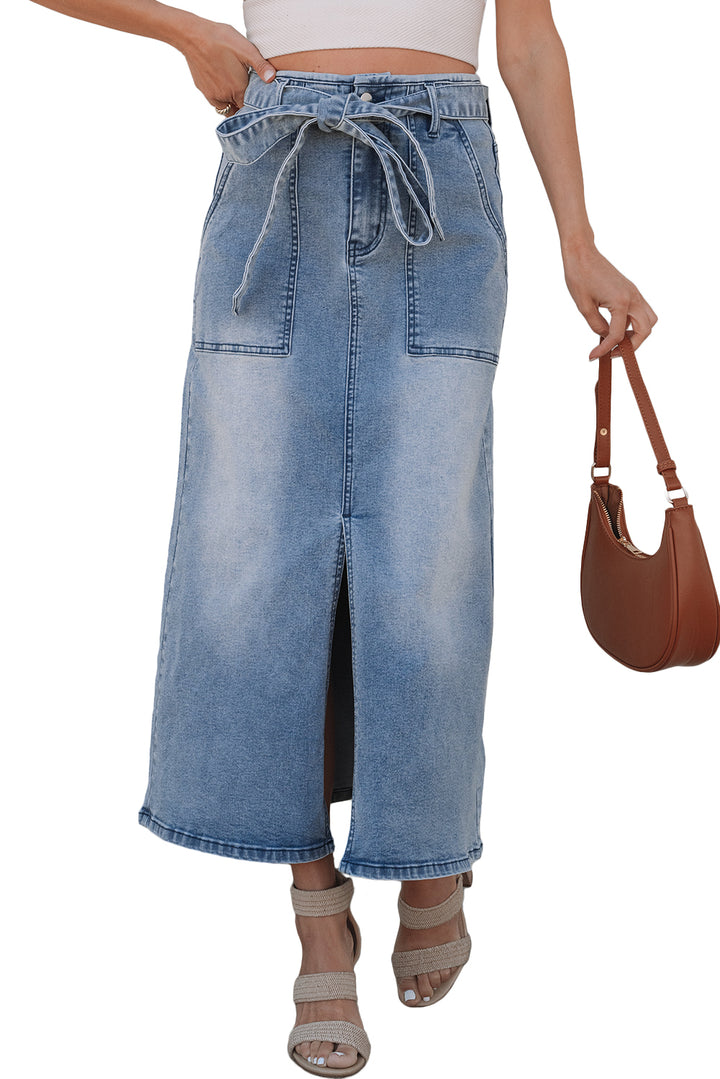 Dusk Blue Light Wash Belted High Waist Midi Denim Skirt