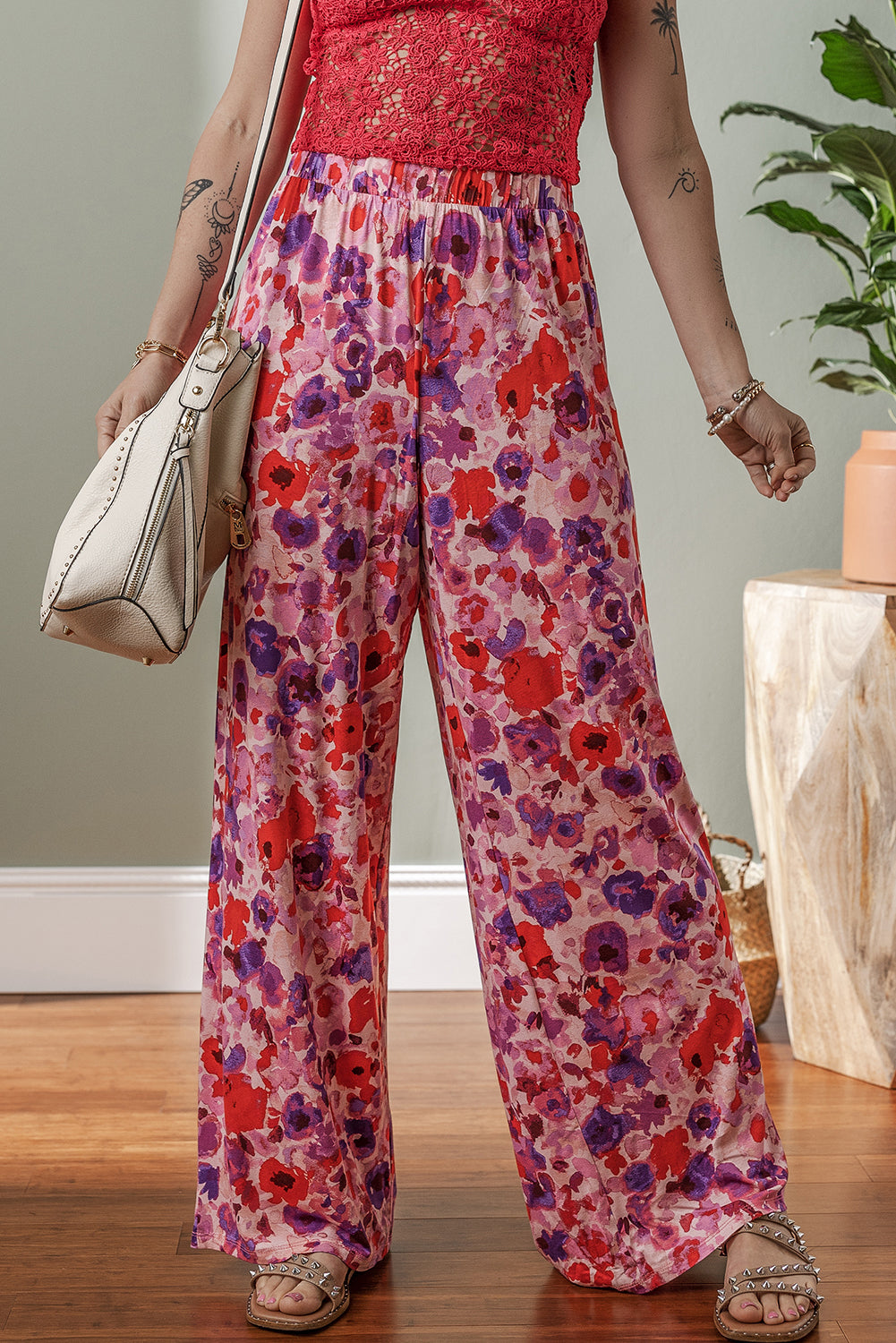 Purple Floral Wide Leg Elastic High Waist Pants