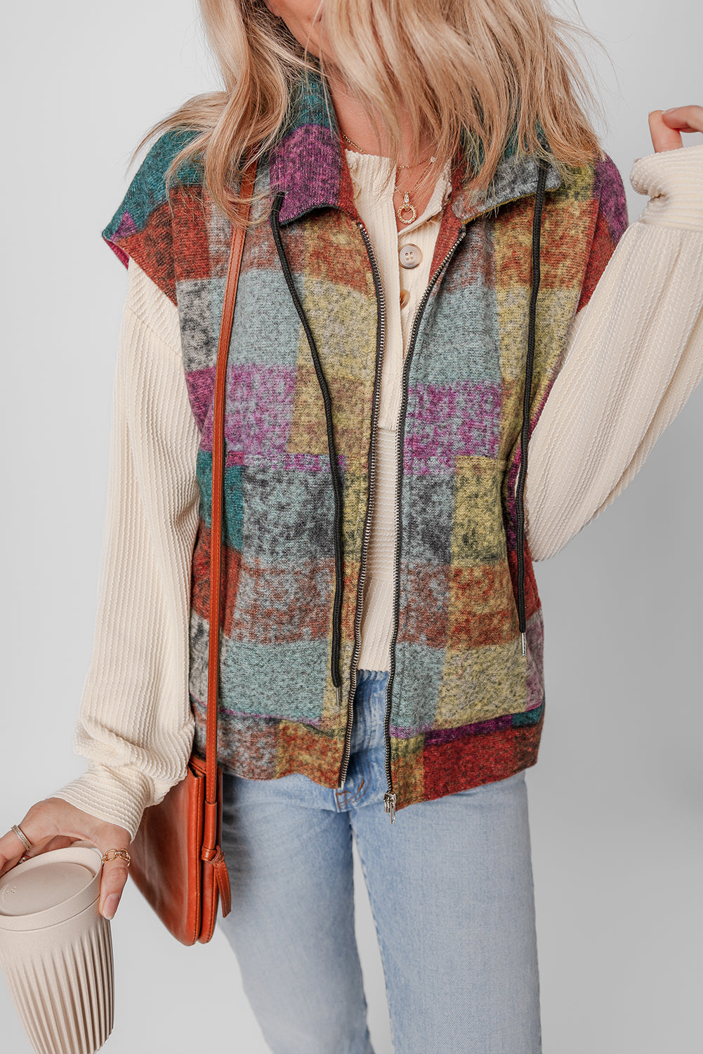 Multicolor Plaid Print Side Pockets Zipped Loose Vest