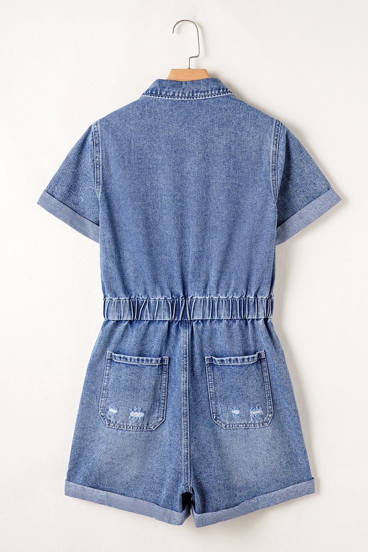 Dusk Blue Chest Pocket Front Buttoned Folded Edge Denim Short Sleeve Romper