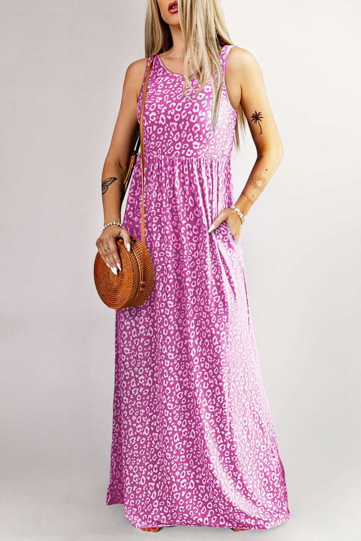 Ärmelloses Maxikleid mit Taschen und Leopardenmuster in Rosa