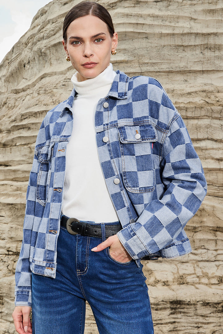 Light Blue Checkered Patchwork Button up Denim Jacket