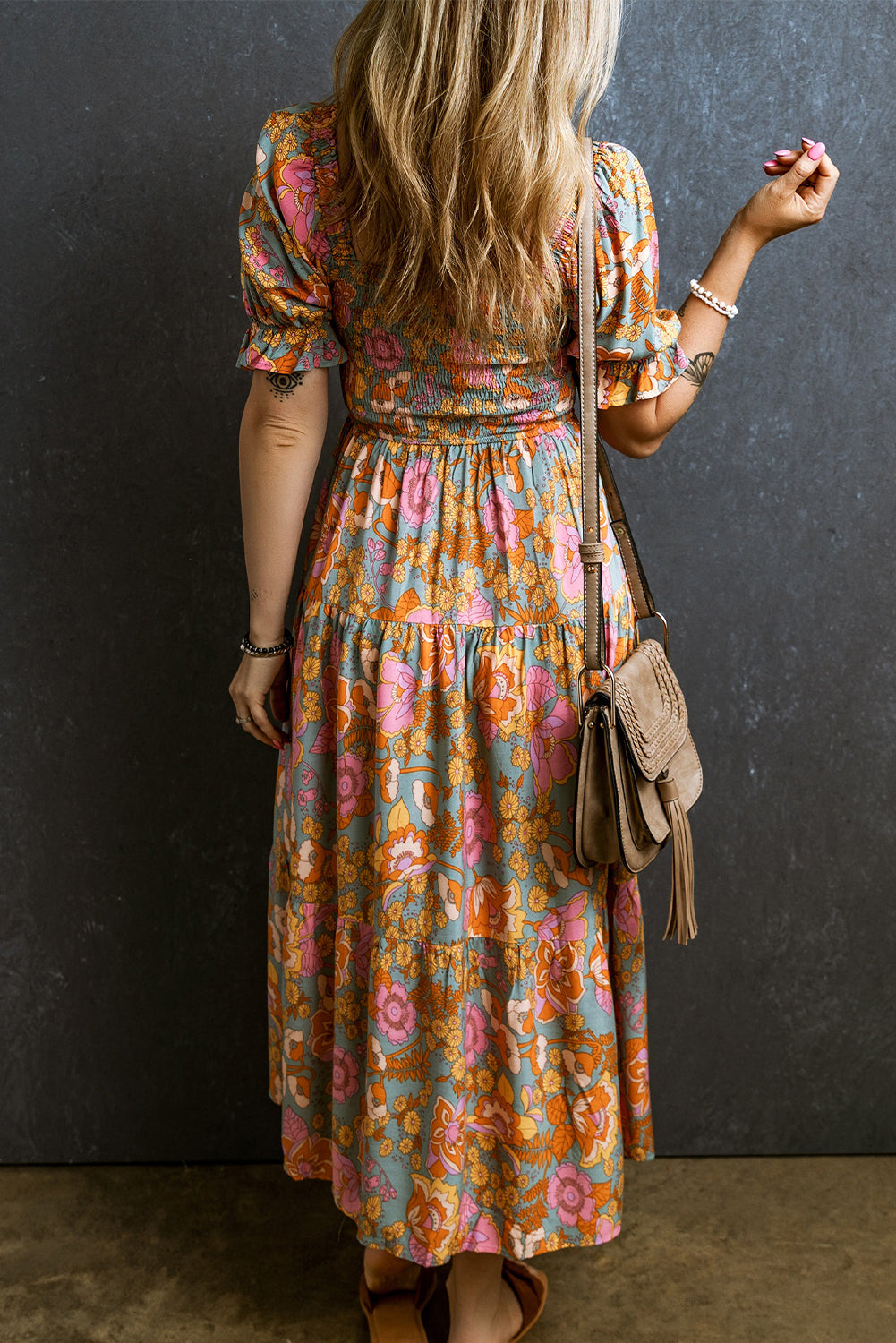 Yellow Smocked Bodice High Waist Puff Sleeve Floral Dress