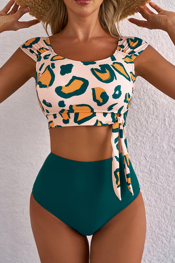 Green Leopard Print U Neck Knotted High Waist Bikini Set