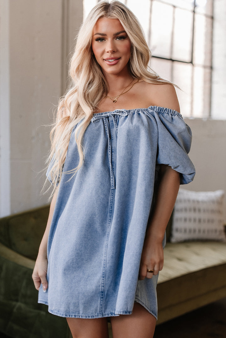 Myosotis Bubble Sleeve Square Neck Denim Babydoll Dress