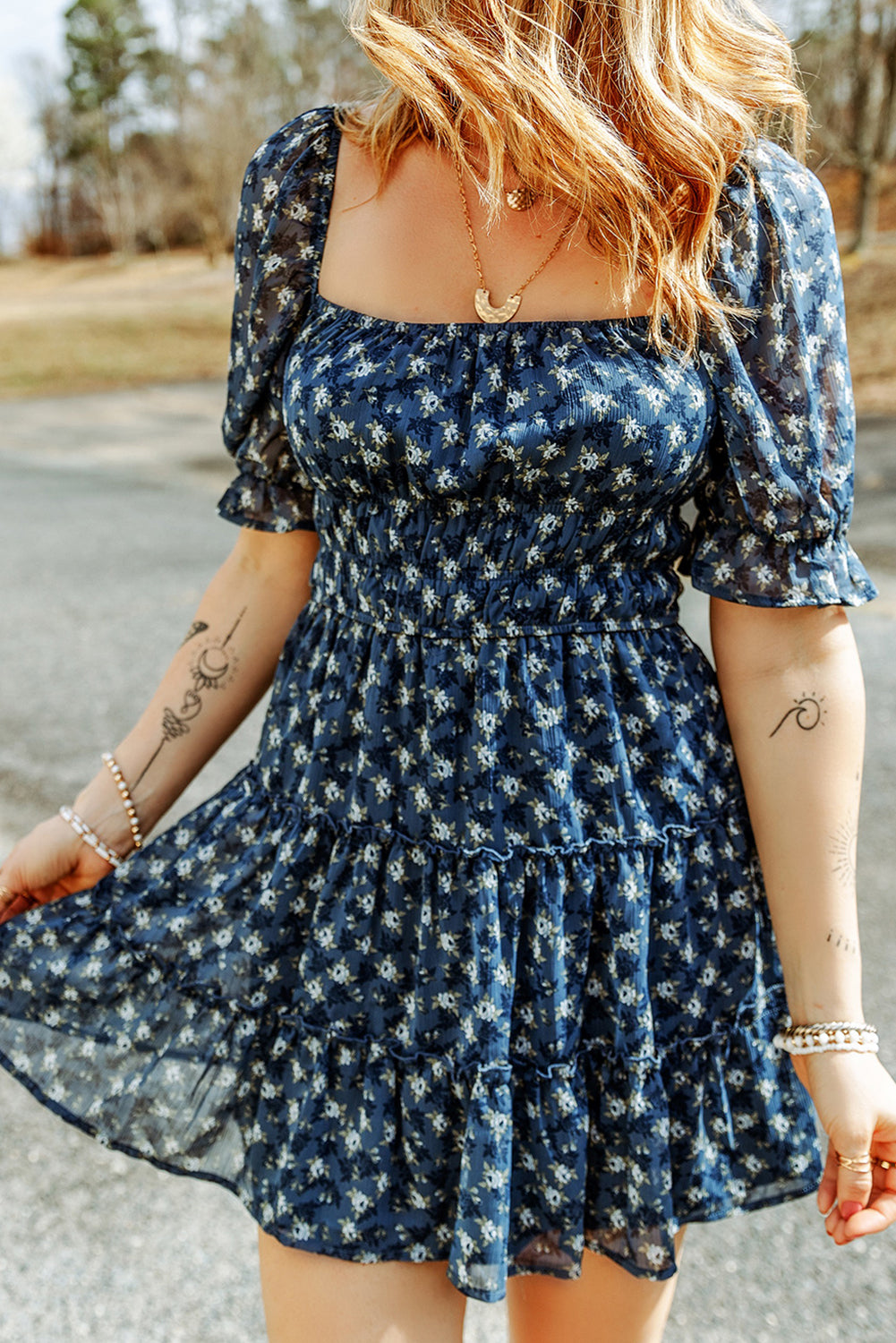 Sail Blue Floral Smocked Tiered Ruffle Short Dress