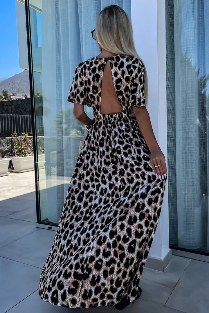 Khaki Leopard V Neck Cinched High Waist Open Back Maxi Dress