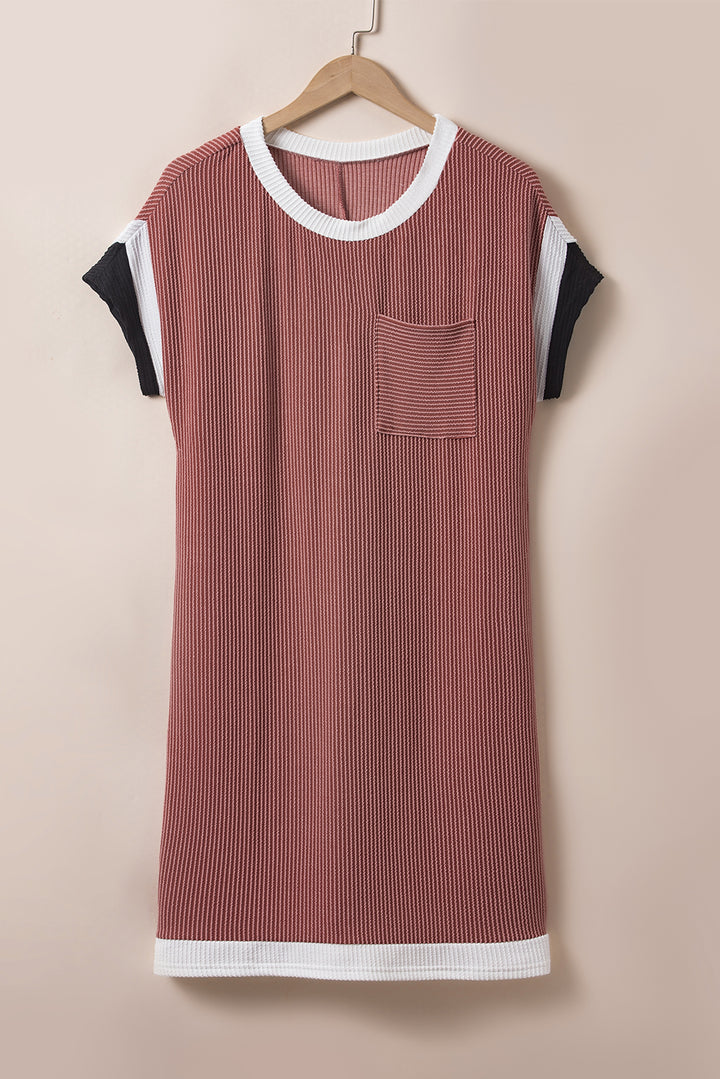 Light French Beige Textured Colorblock Edge Patched Pocket T Shirt Dress