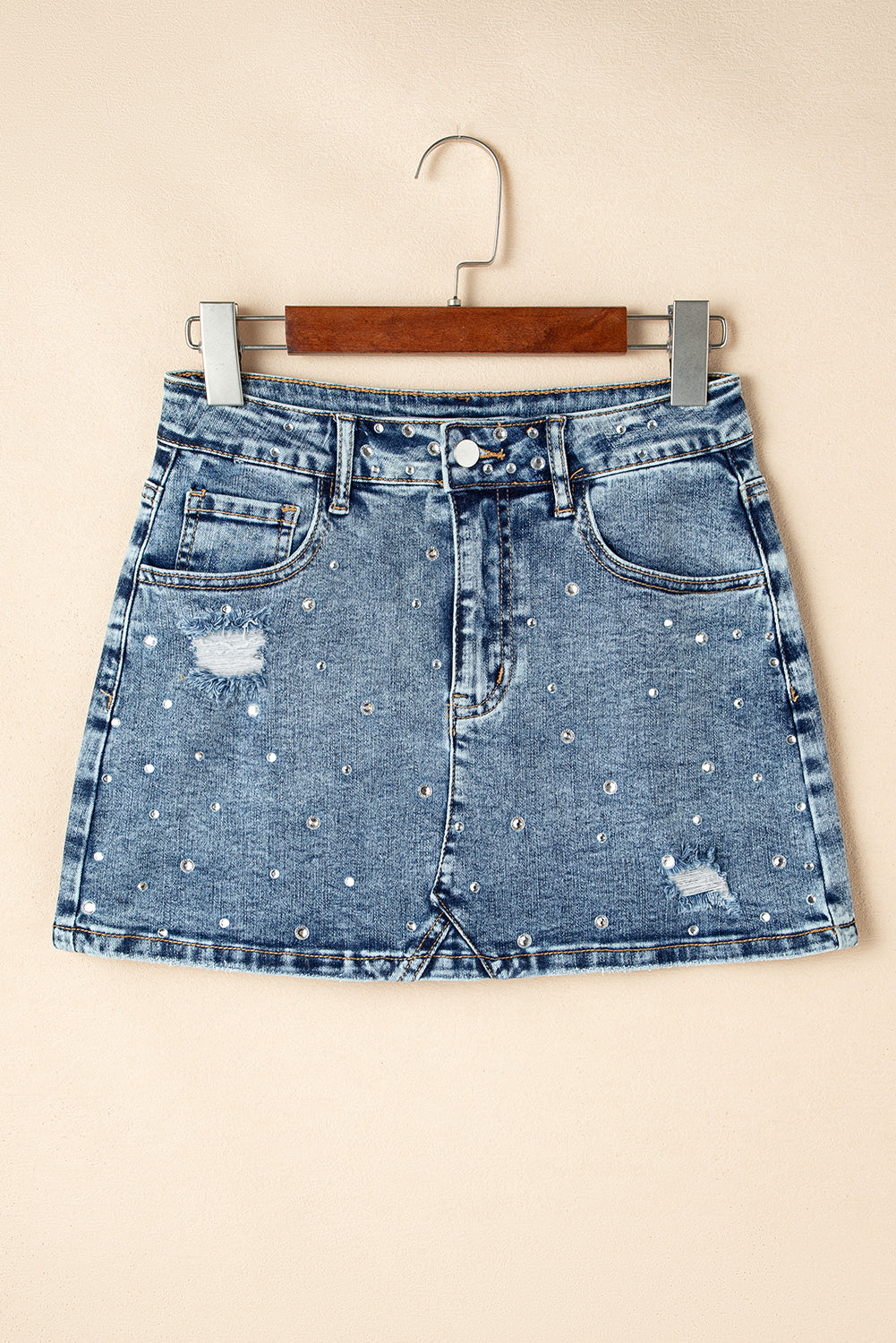 Dusk Blue Rhinestone Distressed Denim High Waist Mini Skirt