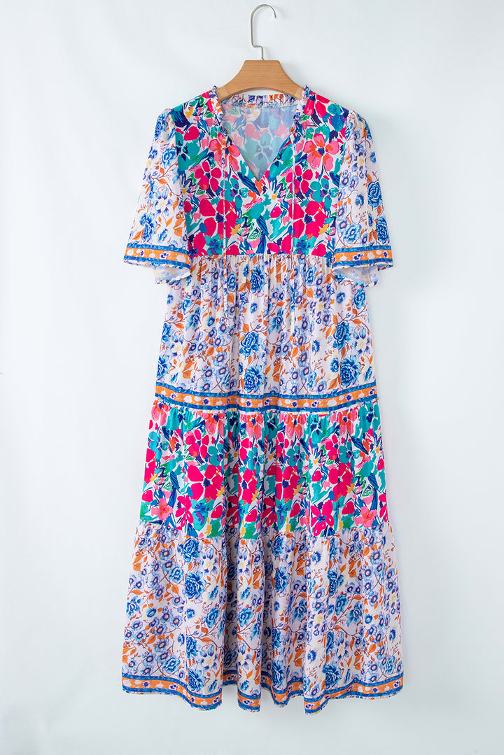 Sky Blue Mixed Floral Print Tie Split Neck Short Sleeve Dress