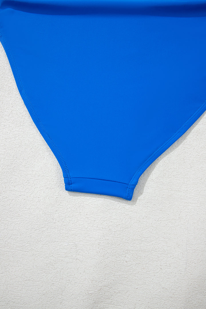 Blue Colorblock Square Neck Top Pleated High Waisted Bikini