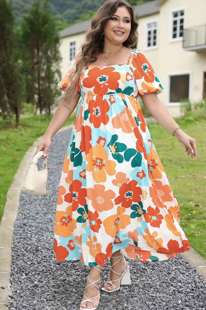 Orange Plus Size Flower Print Shirred Square Neck Maxi Dress