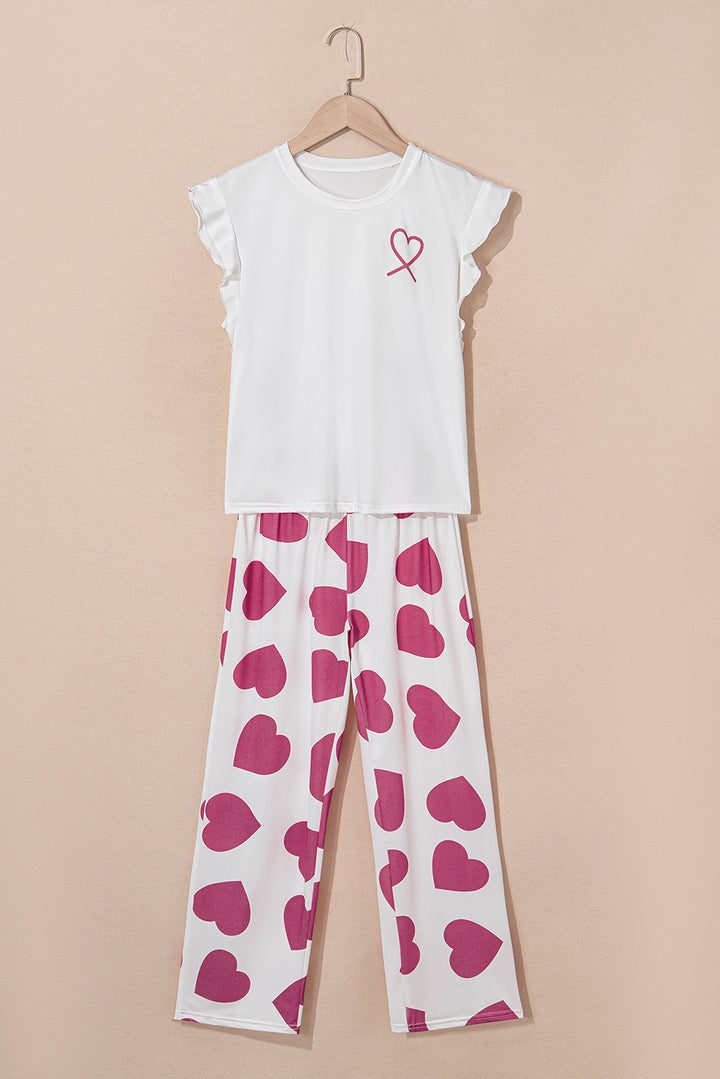 Pink Ruffled Tank Top And Heart Print Pants Lounge Set