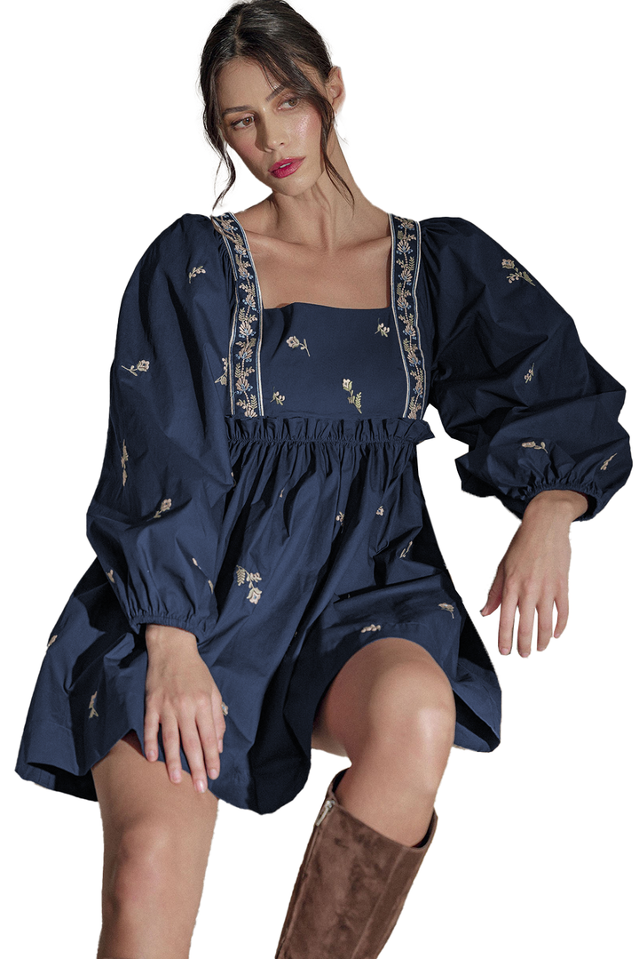 Blue Floral Embroidered Square Neck Puff Sleeve Ruffled Mini Dress