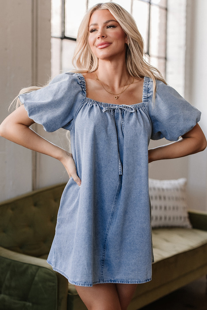 Myosotis Bubble Sleeve Square Neck Denim Babydoll Dress