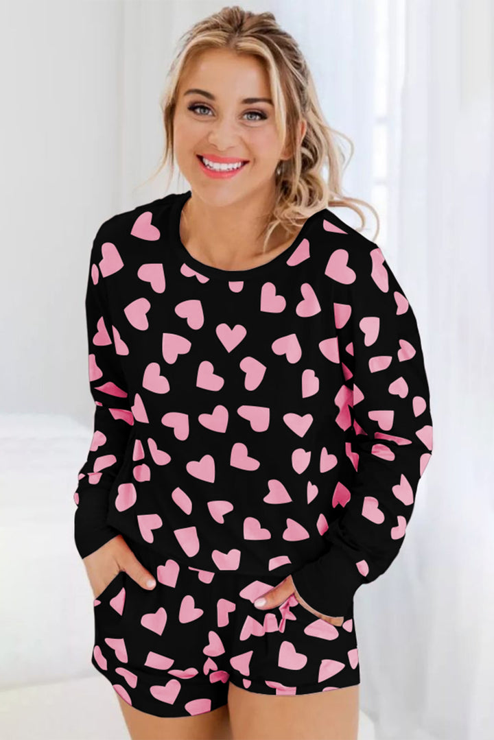 Black Valentine Heart Shape Print Long Sleeve Top Shorts Lounge Set