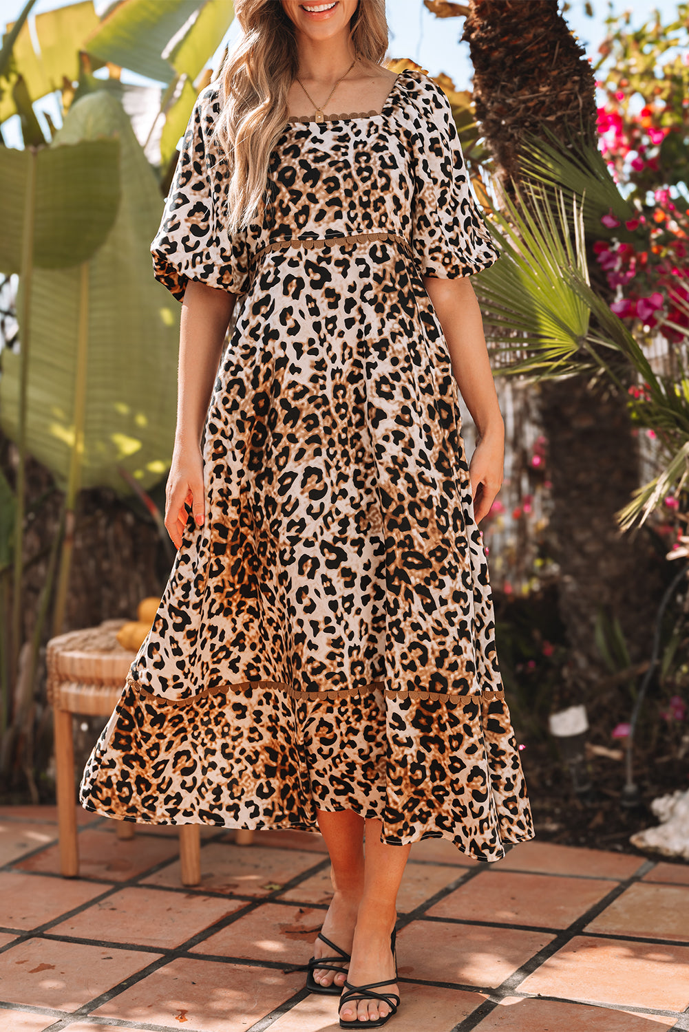 Brown Leopard Print Bubble Sleeve Square Neck Maxi Dress