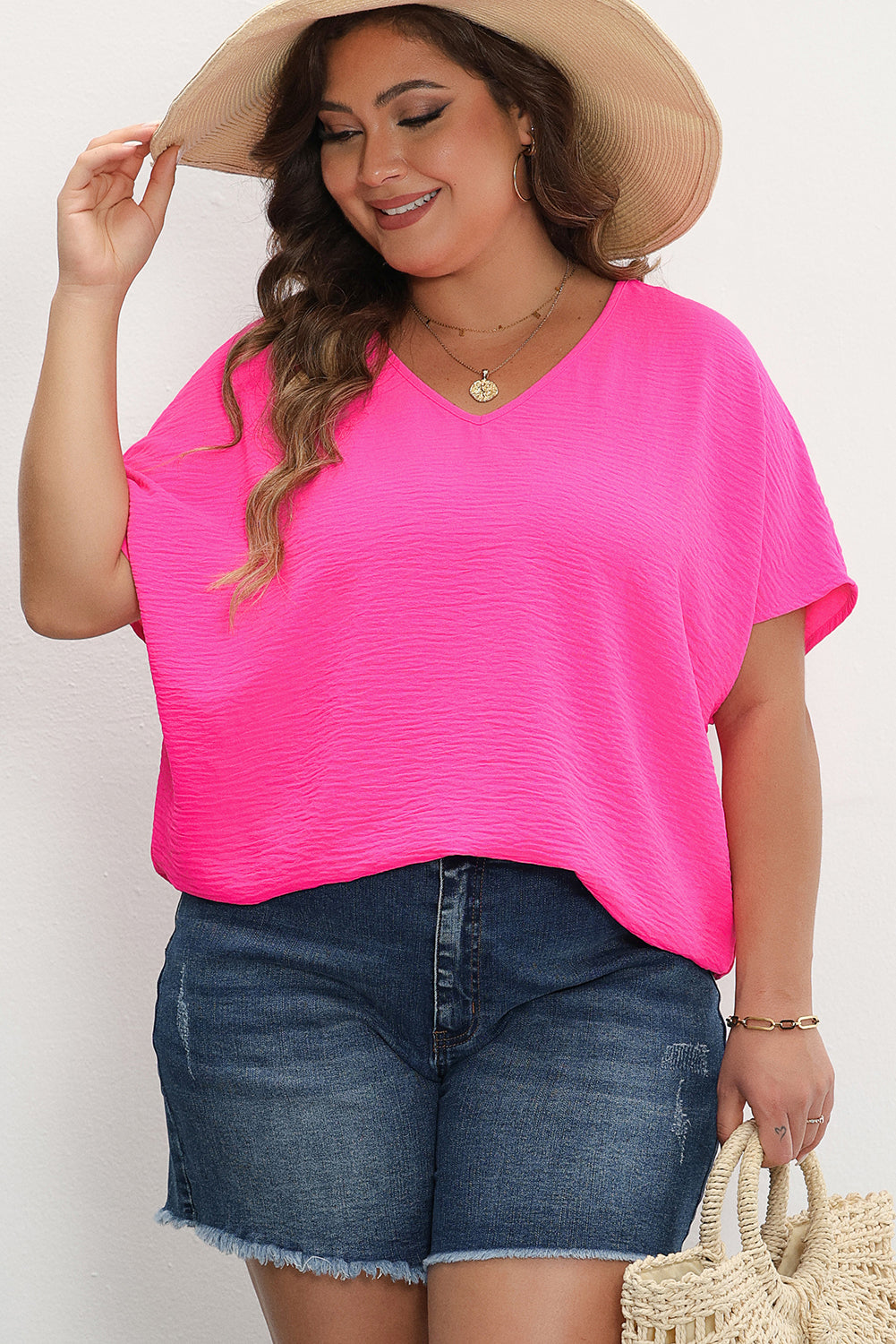 Rose Red Plus Size Crinkled V-Neck Short Sleeve Top