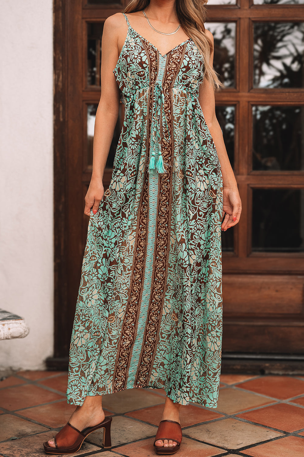 Green Floral Print V Neck Ruffled Trim Backless Tassel Waist Maxi Dress