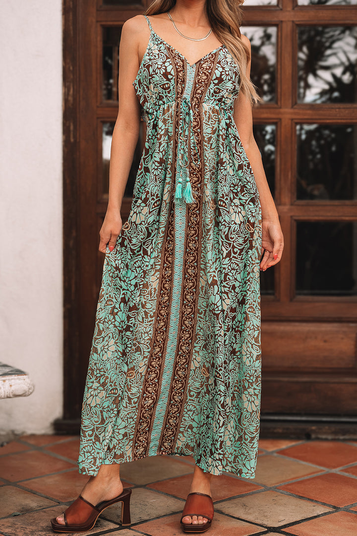 Green Floral Print V Neck Ruffled Trim Backless Tassel Waist Maxi Dress