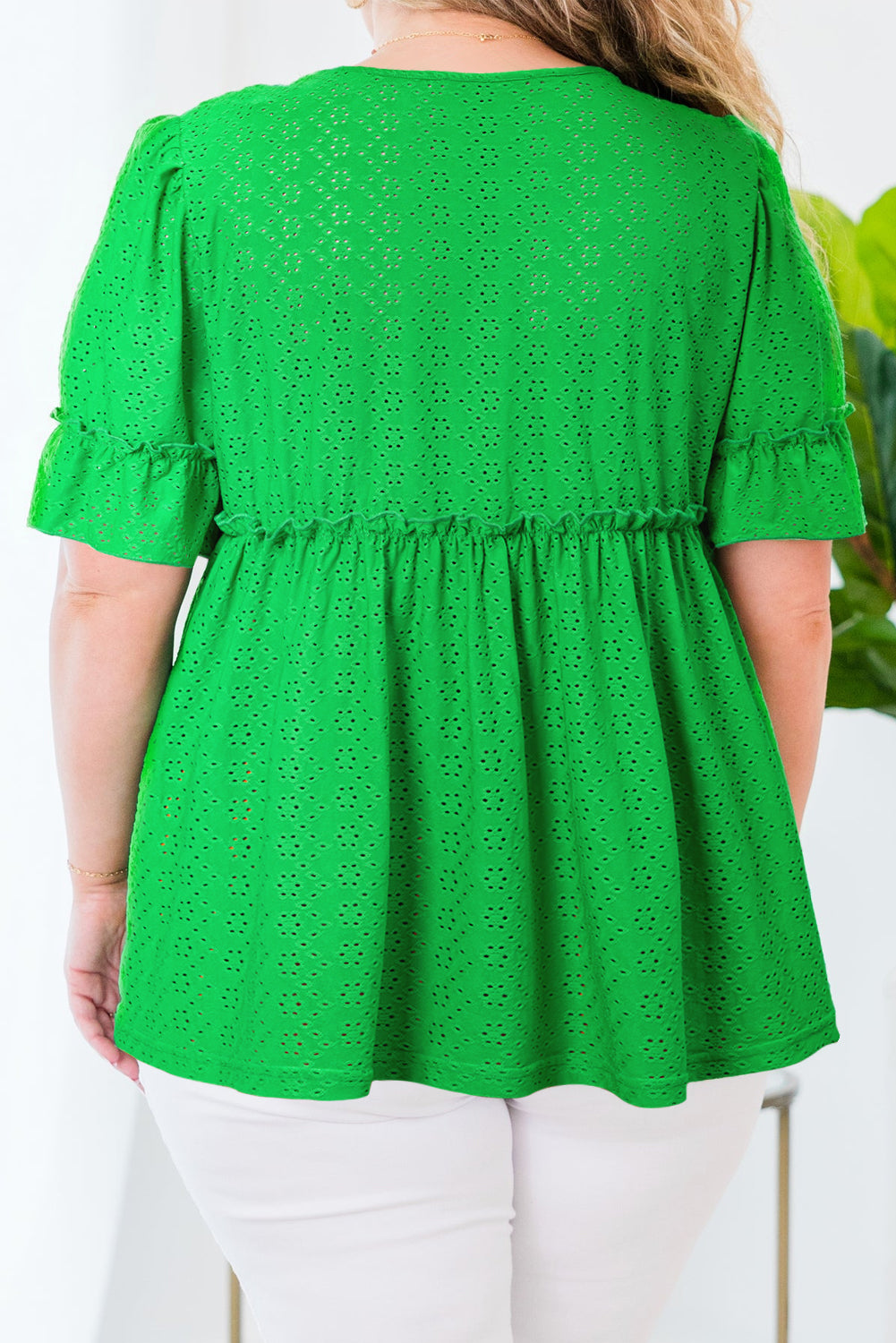 Green Textured Frilled Short Sleeve Plus Size Babydoll Blouse