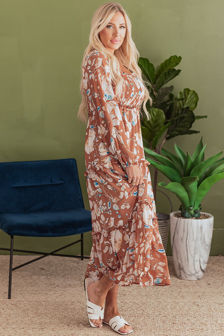 Brown Floral Print Shirred Square Neck High Waist Maxi Dress