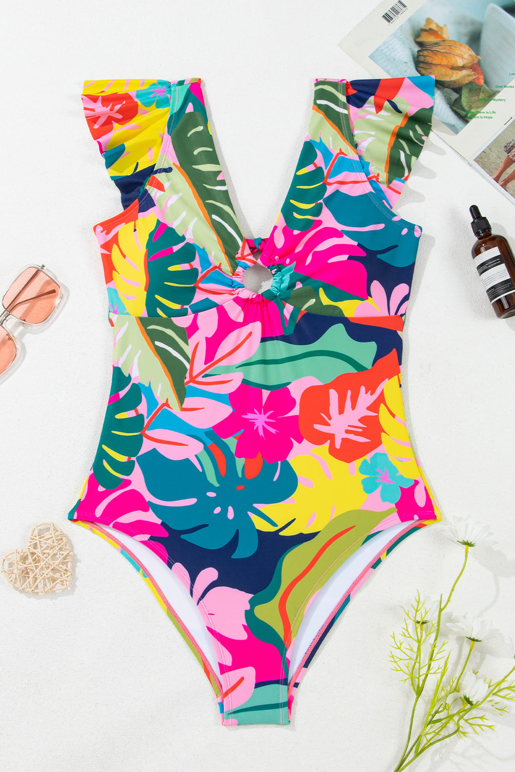 Green Tropical Print V Neck Tied Backless One Piece Swimsuit