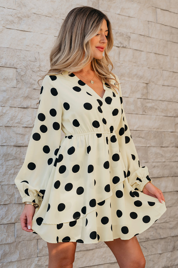 Beige Polka Dot Printed Surplice V Neck Puff Sleeve Mini Dress