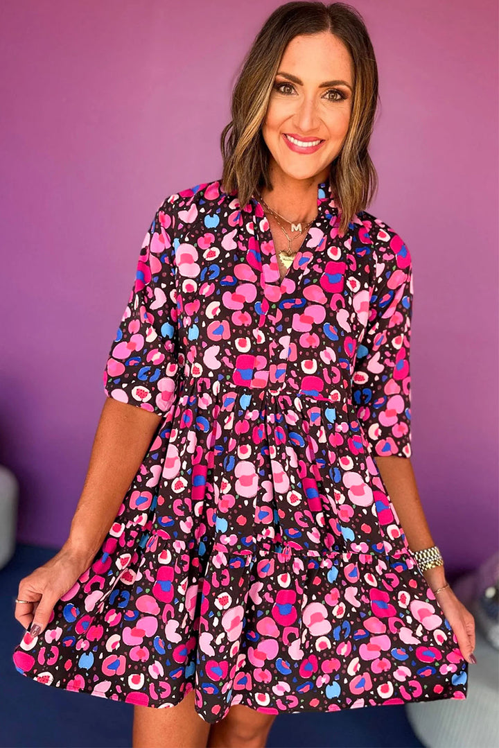 Rose Abstract Print V Neck Collared Half Sleeve Short Dress