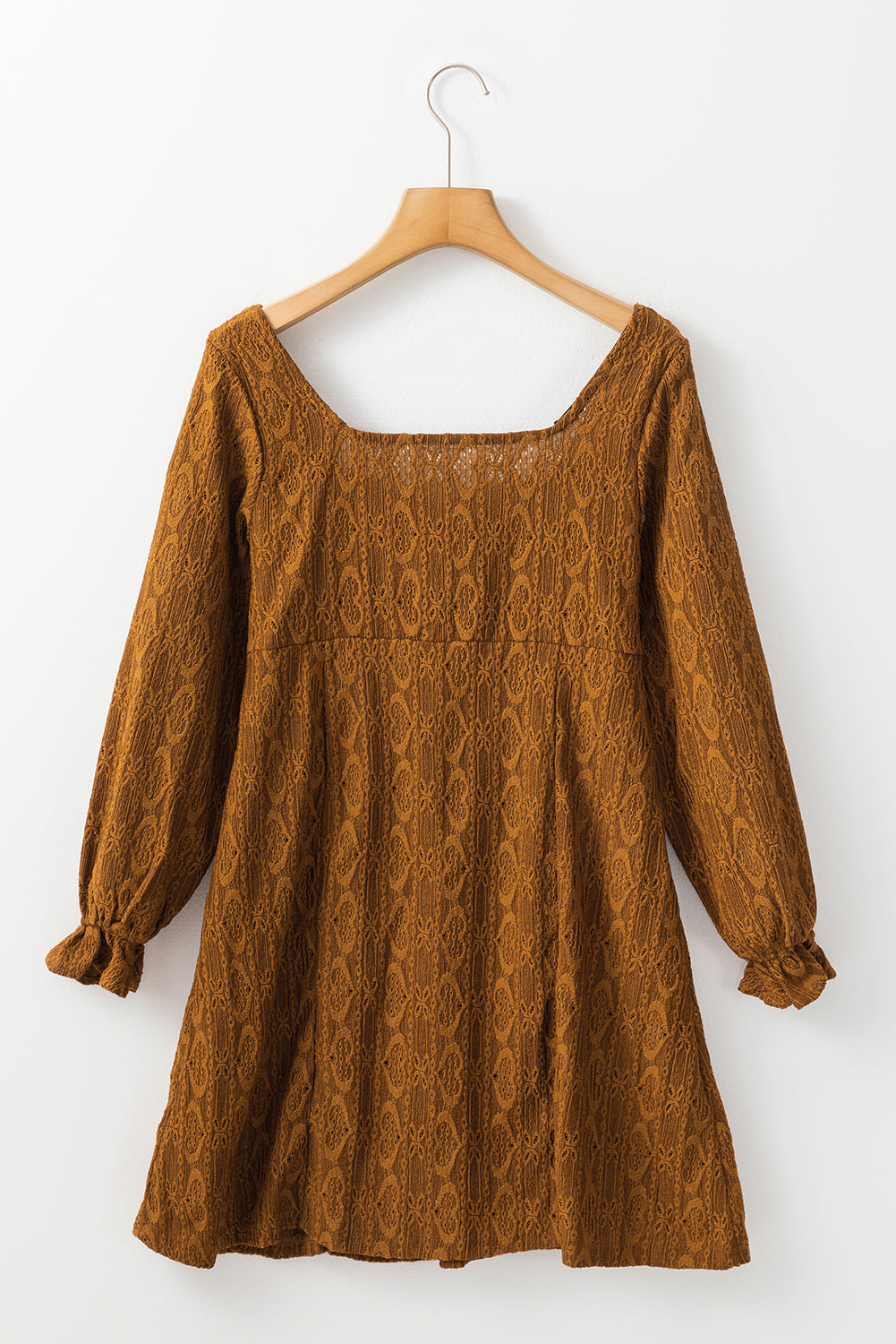 Chestnut Lace Crochet Buttoned Square Neck Shift Mini Dress