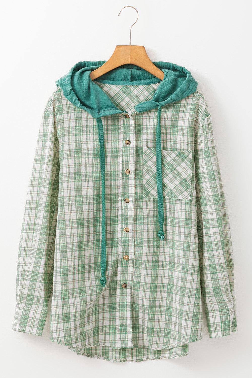 Green Checkered Print Loose Fit Buttoned Hooded Shacket